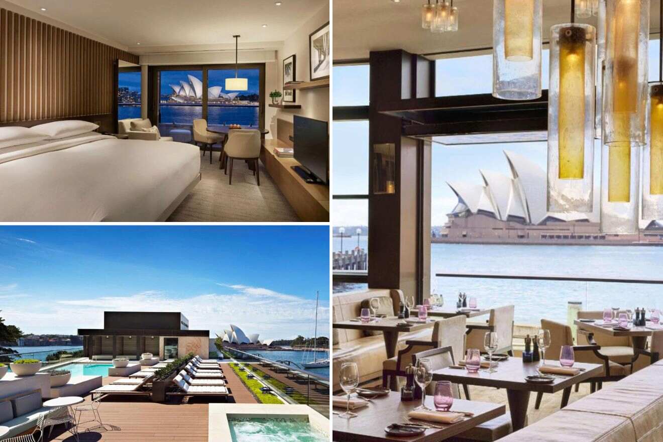 collage with dining space with view over the harbour, bedroom and rooftop swimming pool