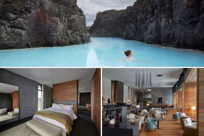 Collage of 3 pics of luxury stay in Iceland: woman in a hot spring surrounded by rocks, a modern hotel room with a bed and large mirror and a contemporary hotel lounge with seating areas and large windows.