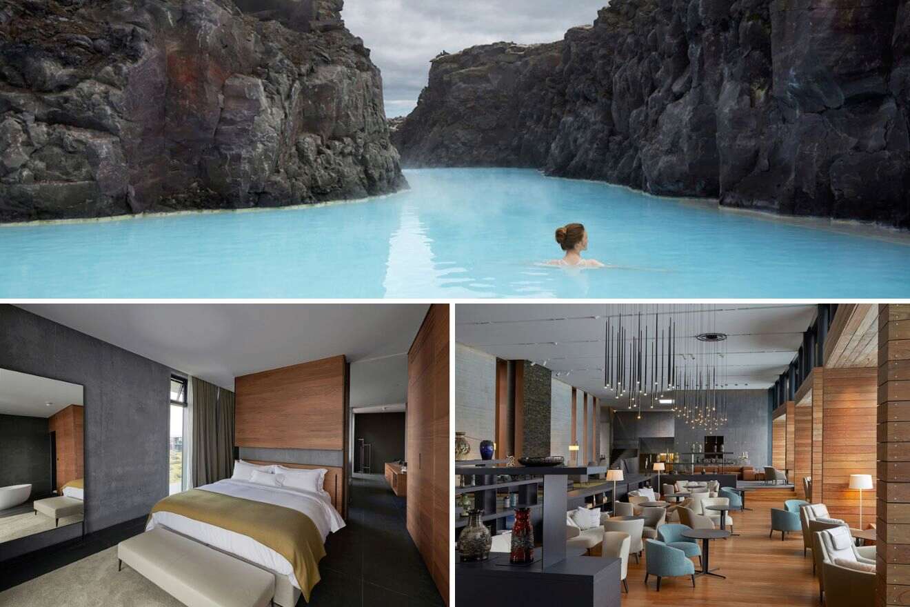 collage with bedroom, blue lagoon and restaurant