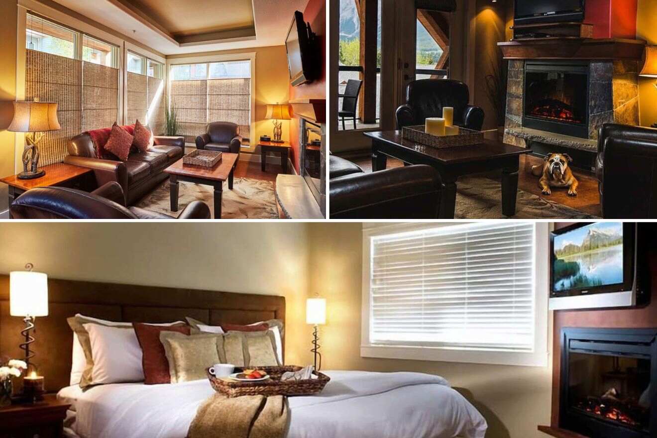 Collage of three hotel pictures: living room, lounge area with fireplace, and bedroom