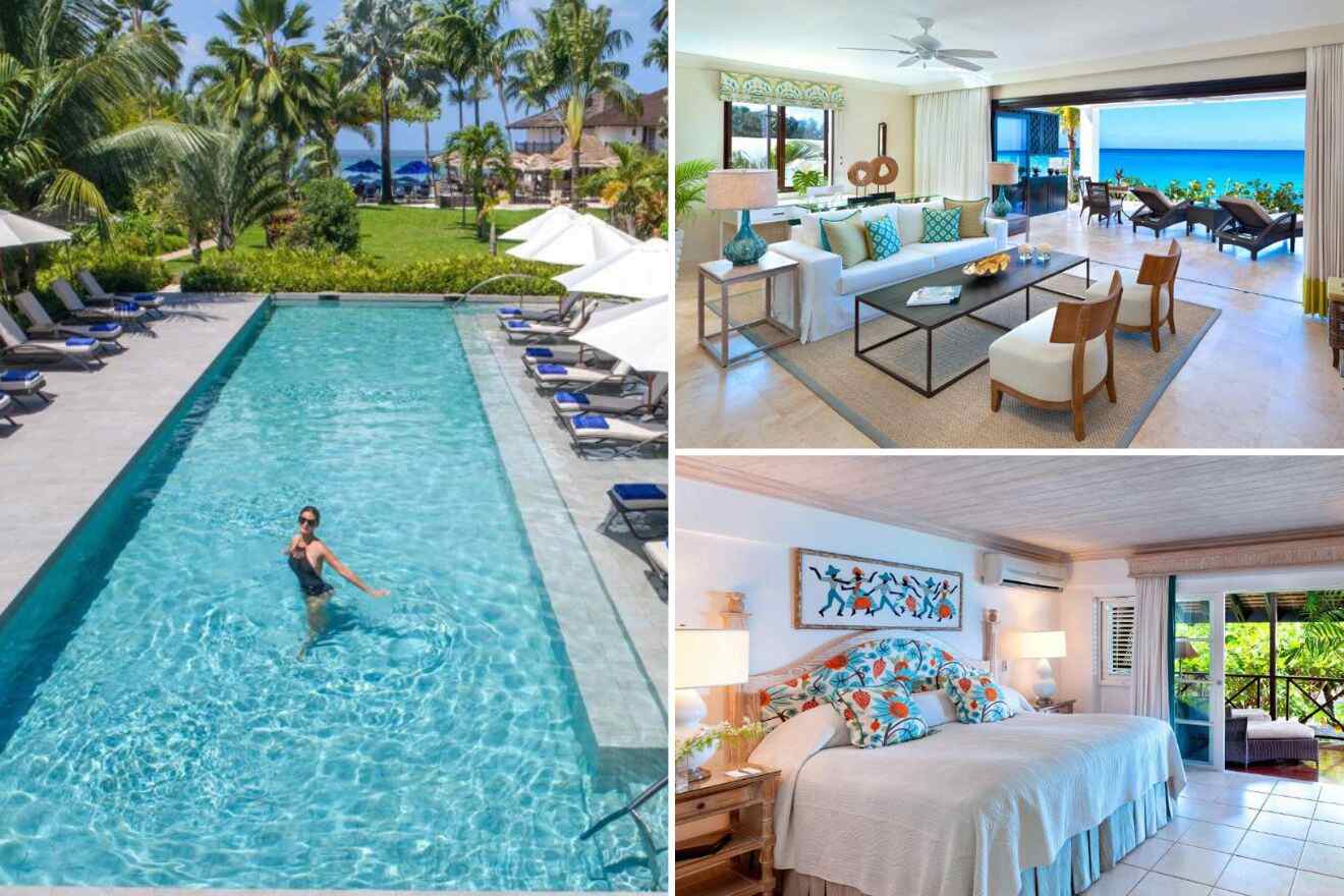 Collage of three hotel pictures: outdoor pool, living room, and bedroom