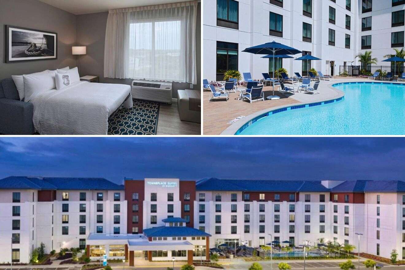 Collage of three hotel pictures: bedroom, outdoor pool, and hotel exterior