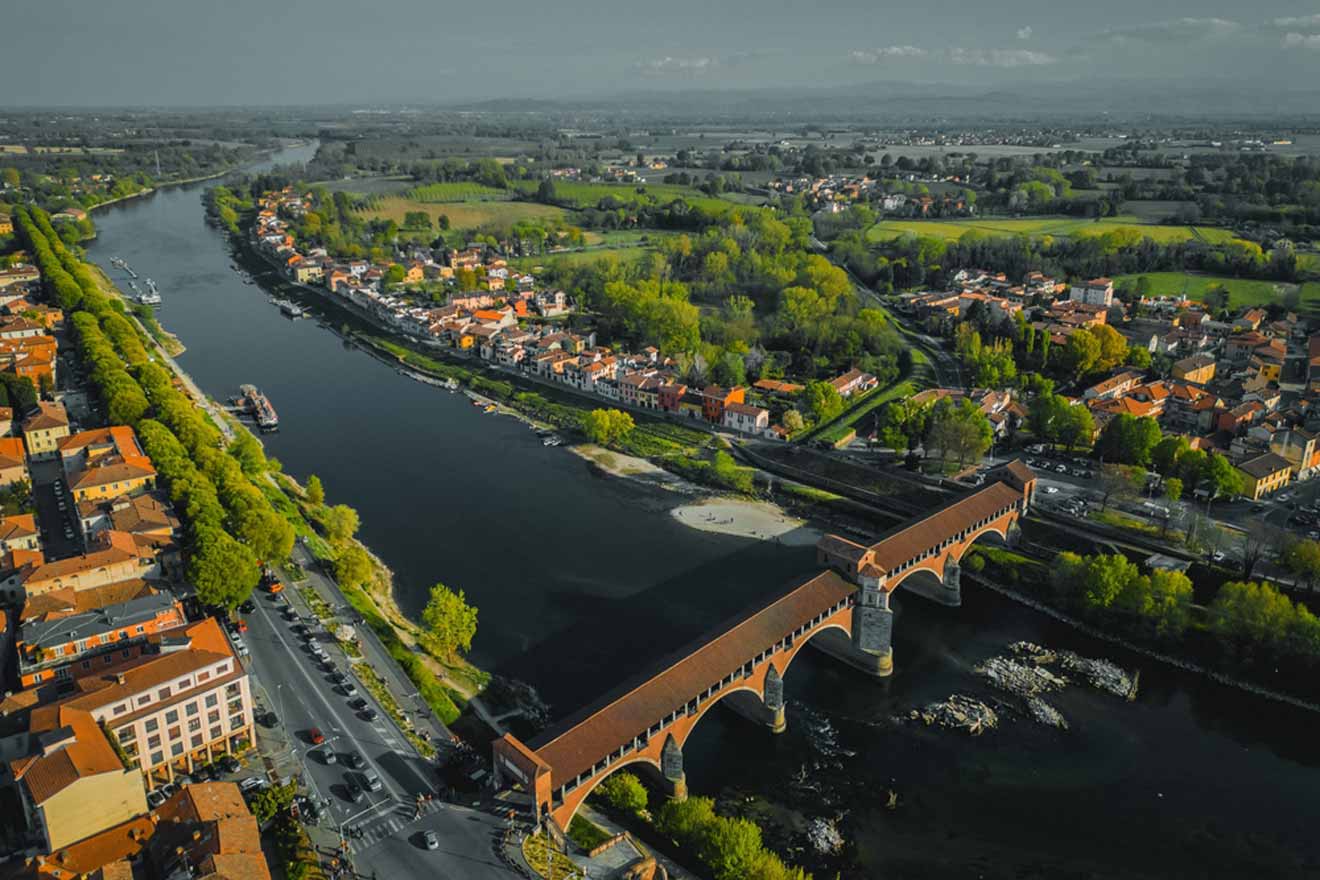 Aerial view of Pavia and the river