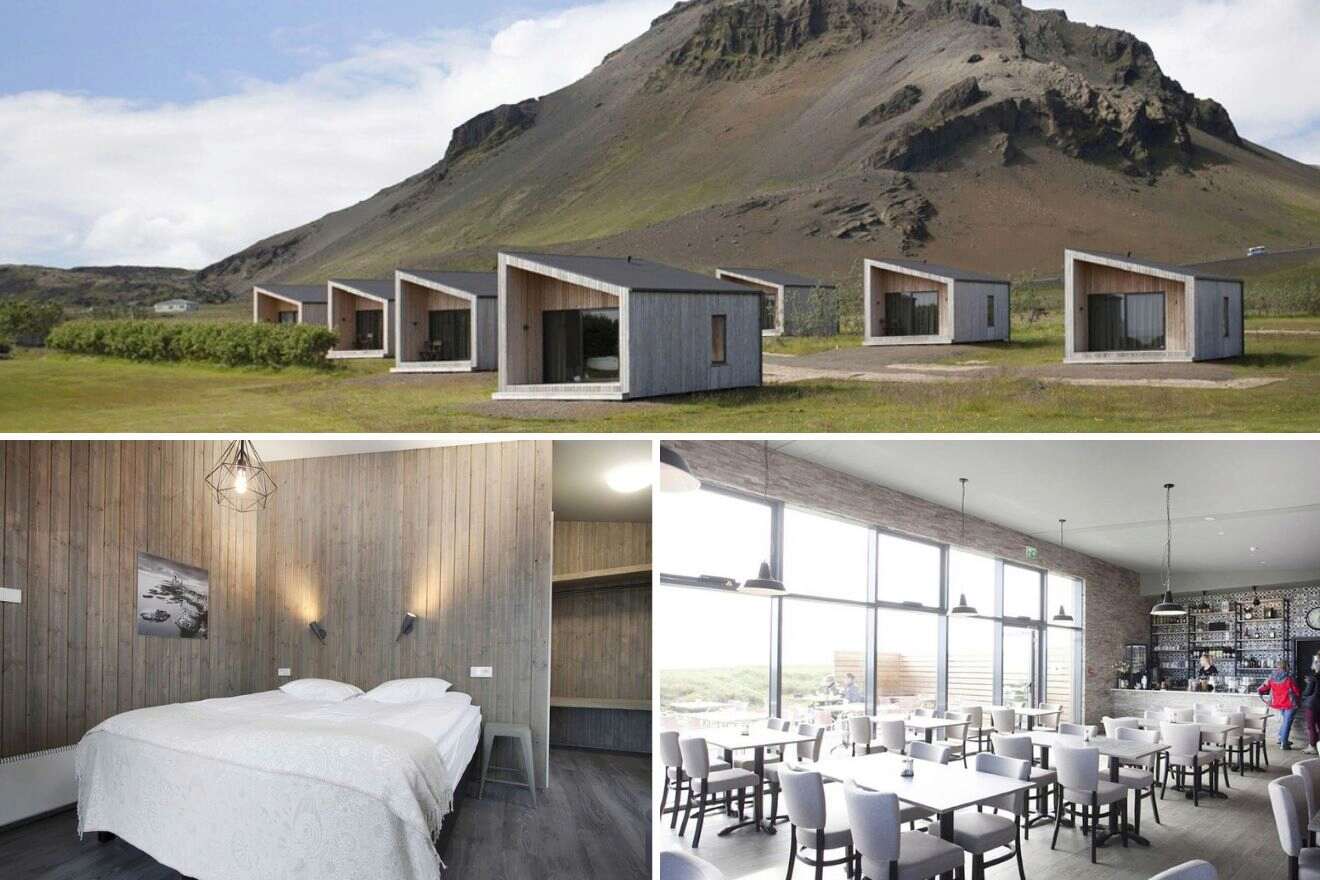 collage with bedroom, restaurant and cottages view with a mountain in the background