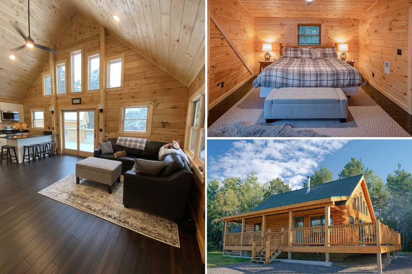 A collage of three cabin photos: living room, bedroom, and cabin exterior