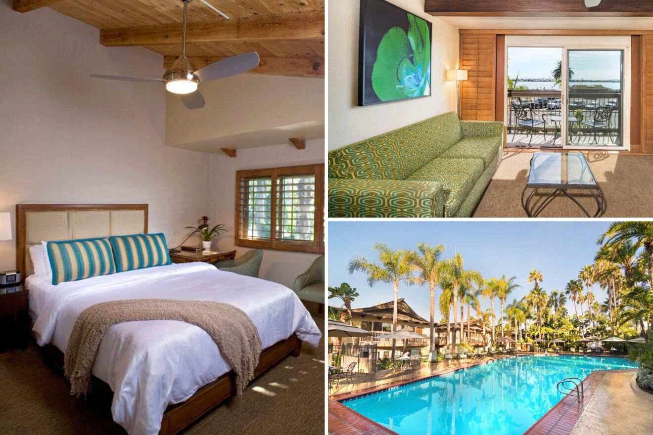 Collage of three hotel pictures: bedroom, living room, and outdoor pool