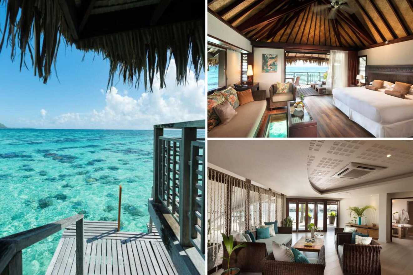collage with lounge, overwater bungalows and bedroom