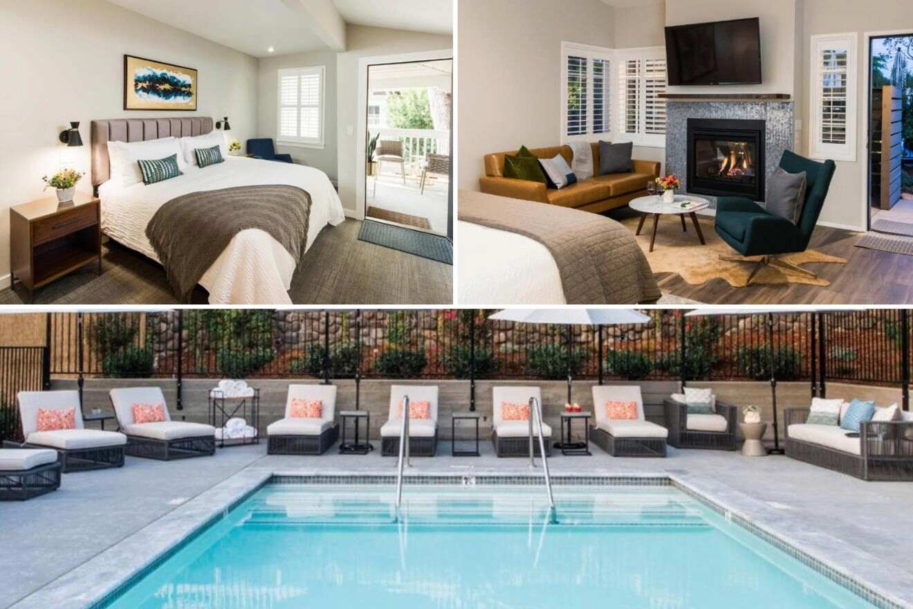 Collage of three hotel pictures: bedroom, lounge area with fireplace, and outdoor pool