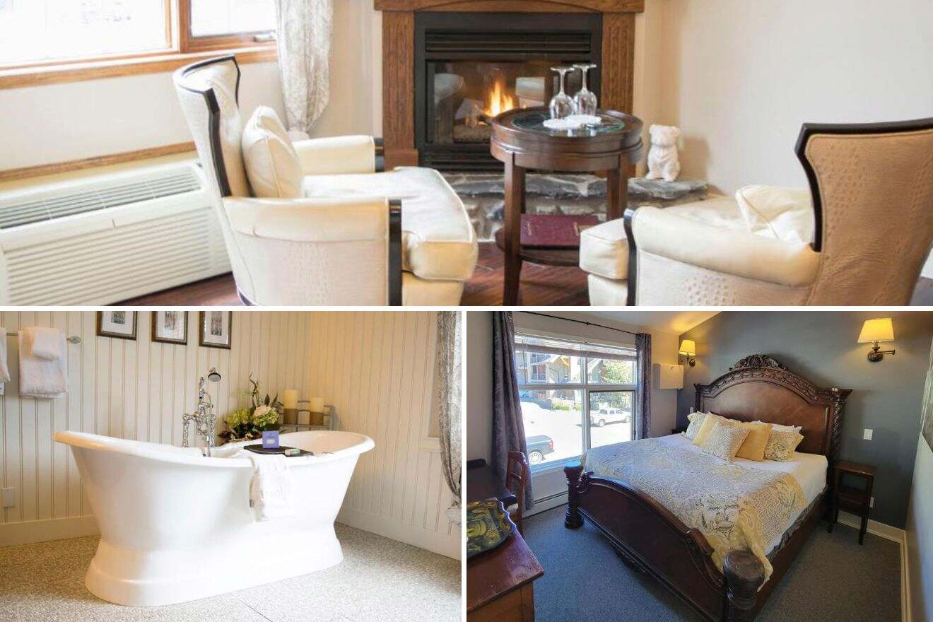 Collage of three hotel pictures: seating area by fireplace, in room spa tub, and bedroom