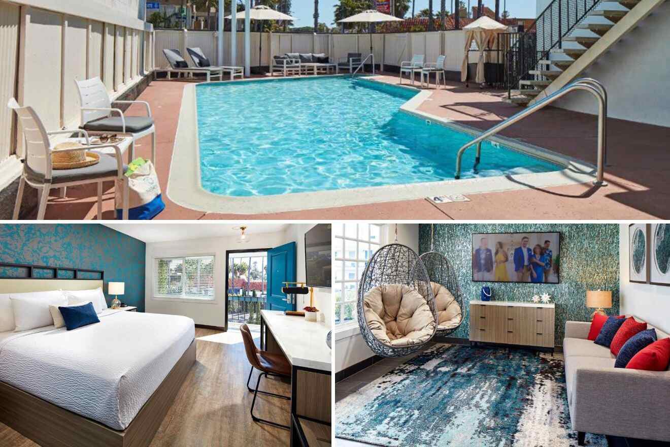Collage of three hotel pictures: outdoor pool, bedroom, and seating area with swing seats