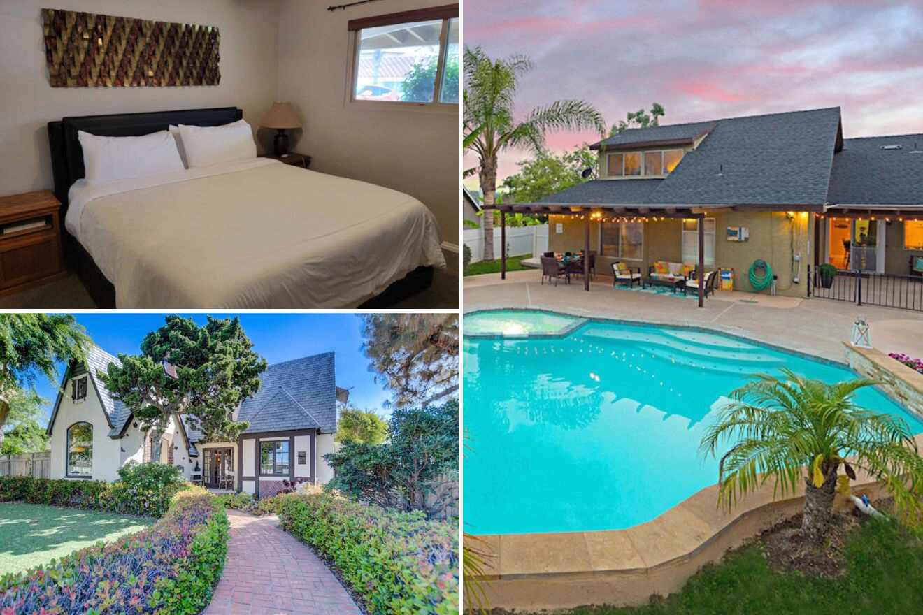Collage of three hotel pictures: bedroom, house exterior, and outdoor pool
