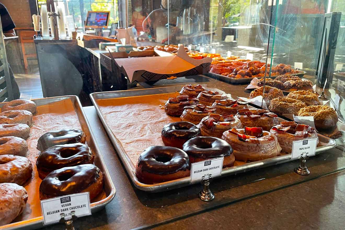 donuts on the counter in a cafe