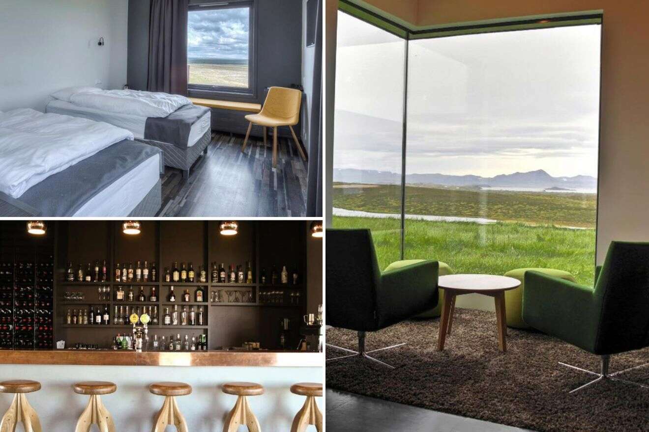 collage with bedroom, bar, and lounge with a view