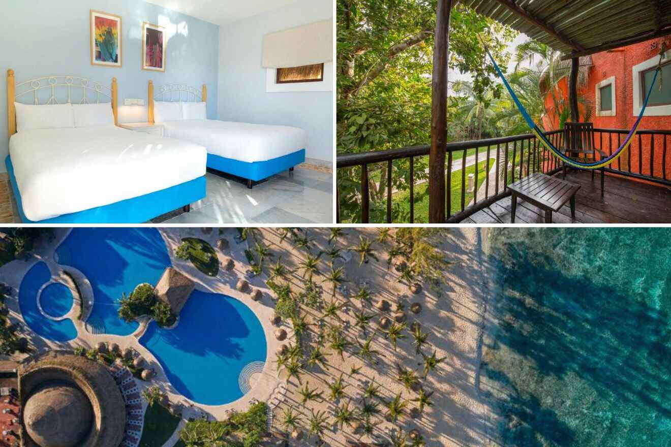 collage with aerial view over the resort, bedroom and terrace