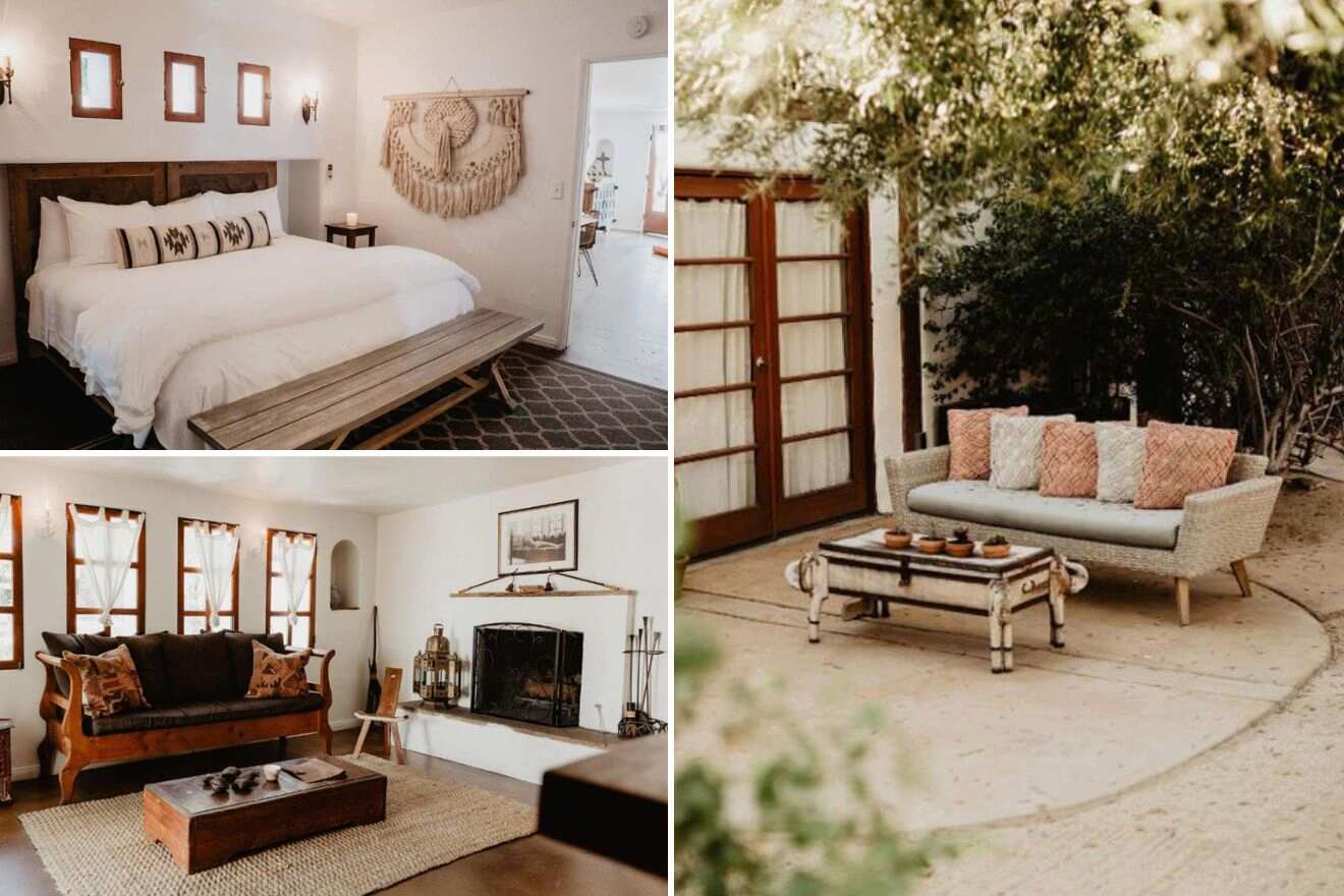 Collage of three hotel pictures: bedroom, living room with fireplace, and outdoor seating area
