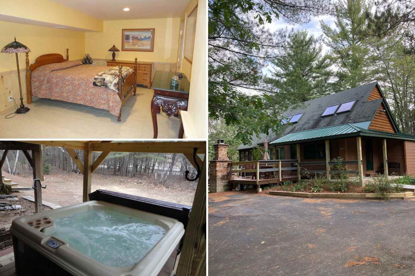 A collage of three cabin photos: bedroom, outdoor hot tub, and cabin exterior