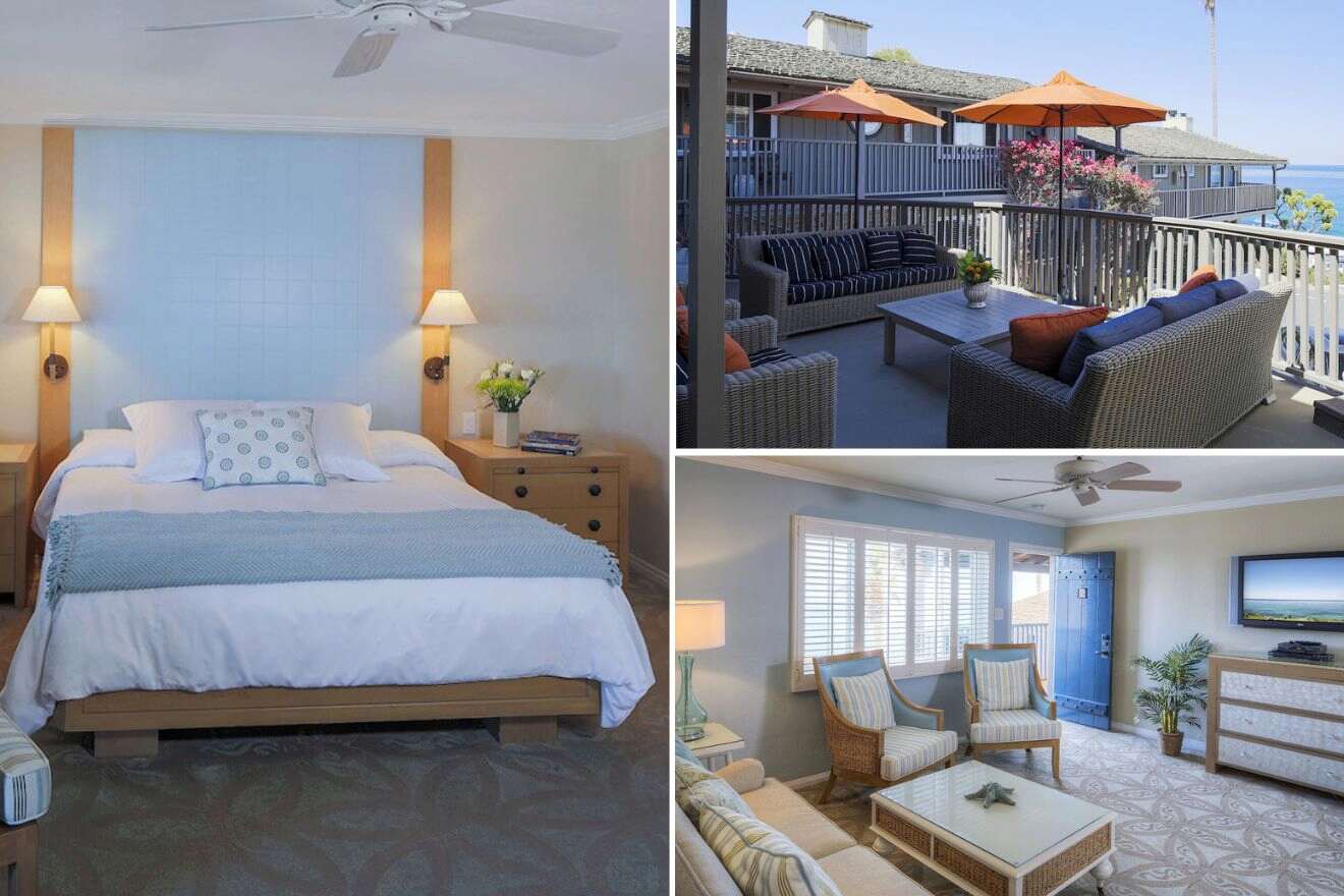 Collage of three hotel pictures: bedroom, balcony, and living room