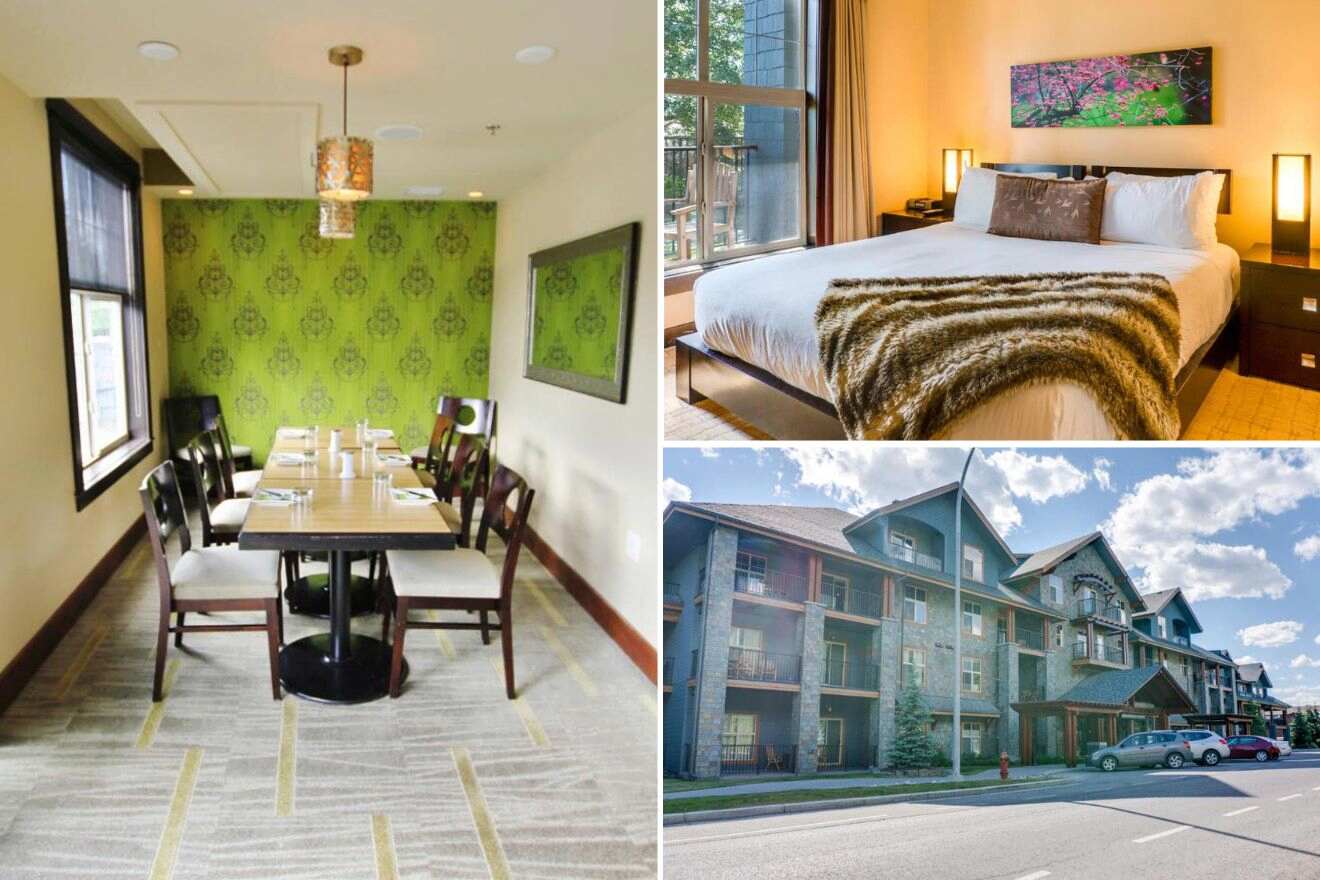 Collage of three hotel pictures: dining area, bedroom, and view of hotel exterior