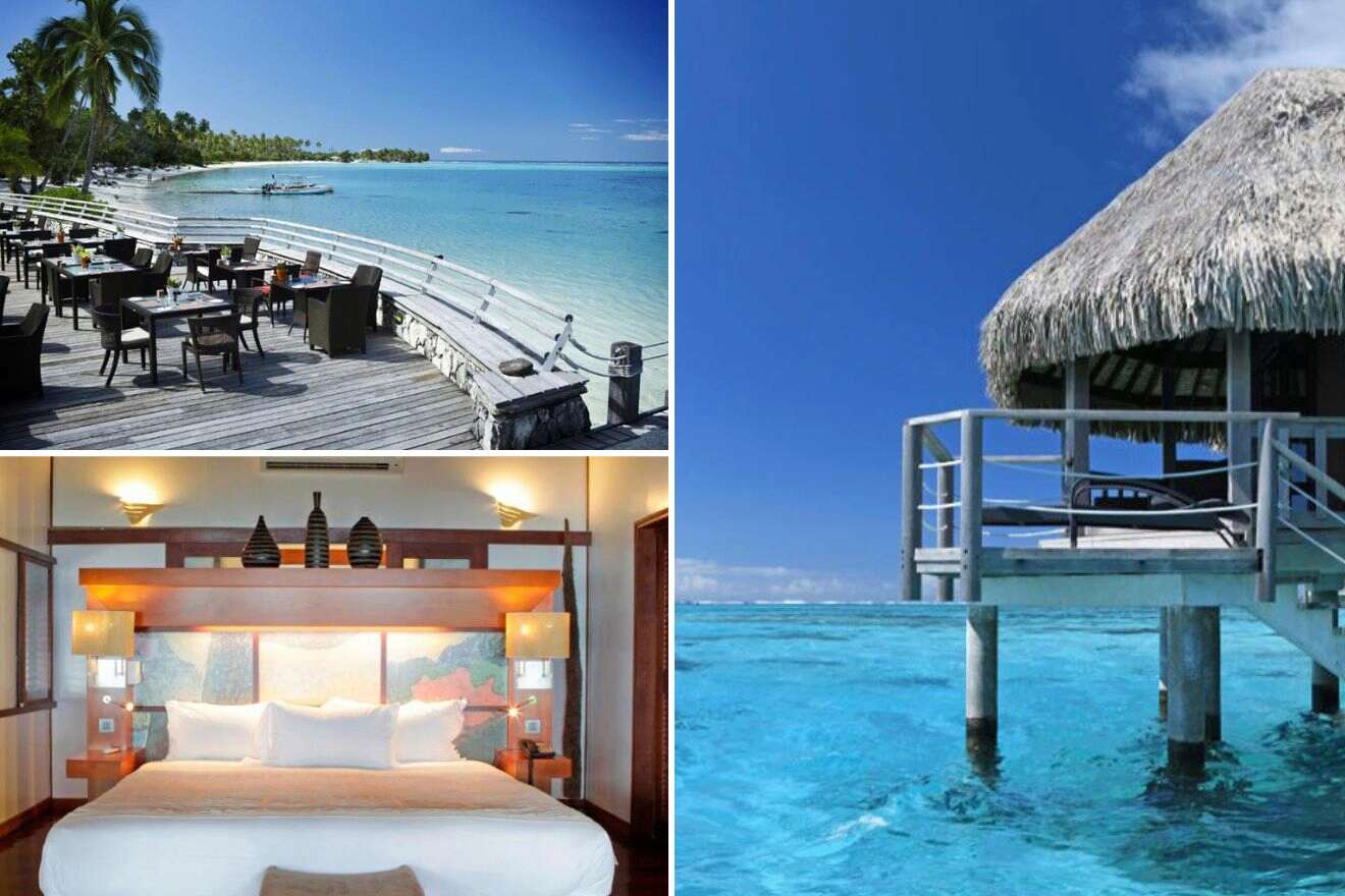 collage with overwater bungalows, restaurant and bedroom