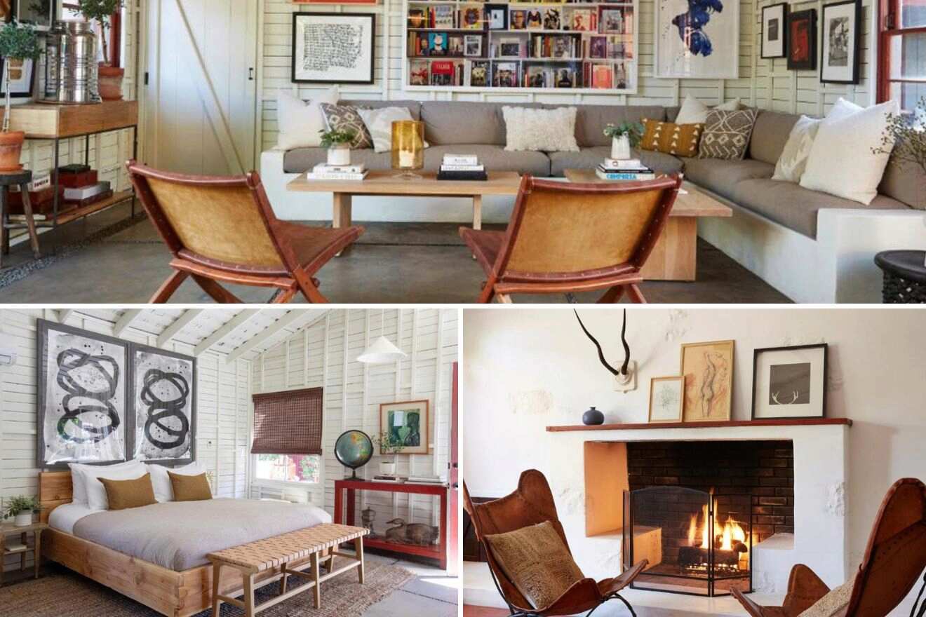 Collage of three hotel pictures: living room, bedroom, and seating around fireplace