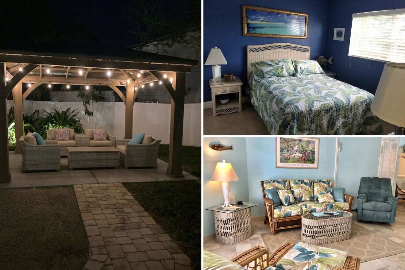 collage with bedroom, lounge and gazebo