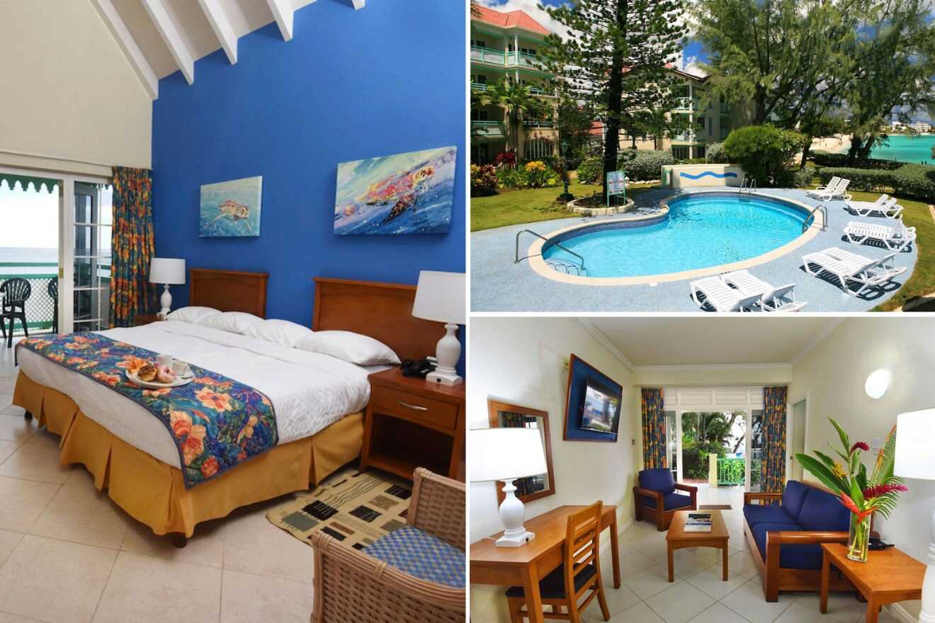 Collage of three hotel pictures: bedroom, outdoor pool, and living room