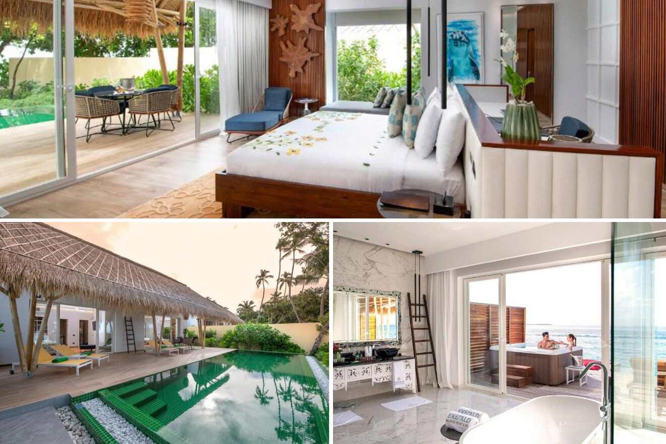 collage with swimming pool, bedroom and bathtub