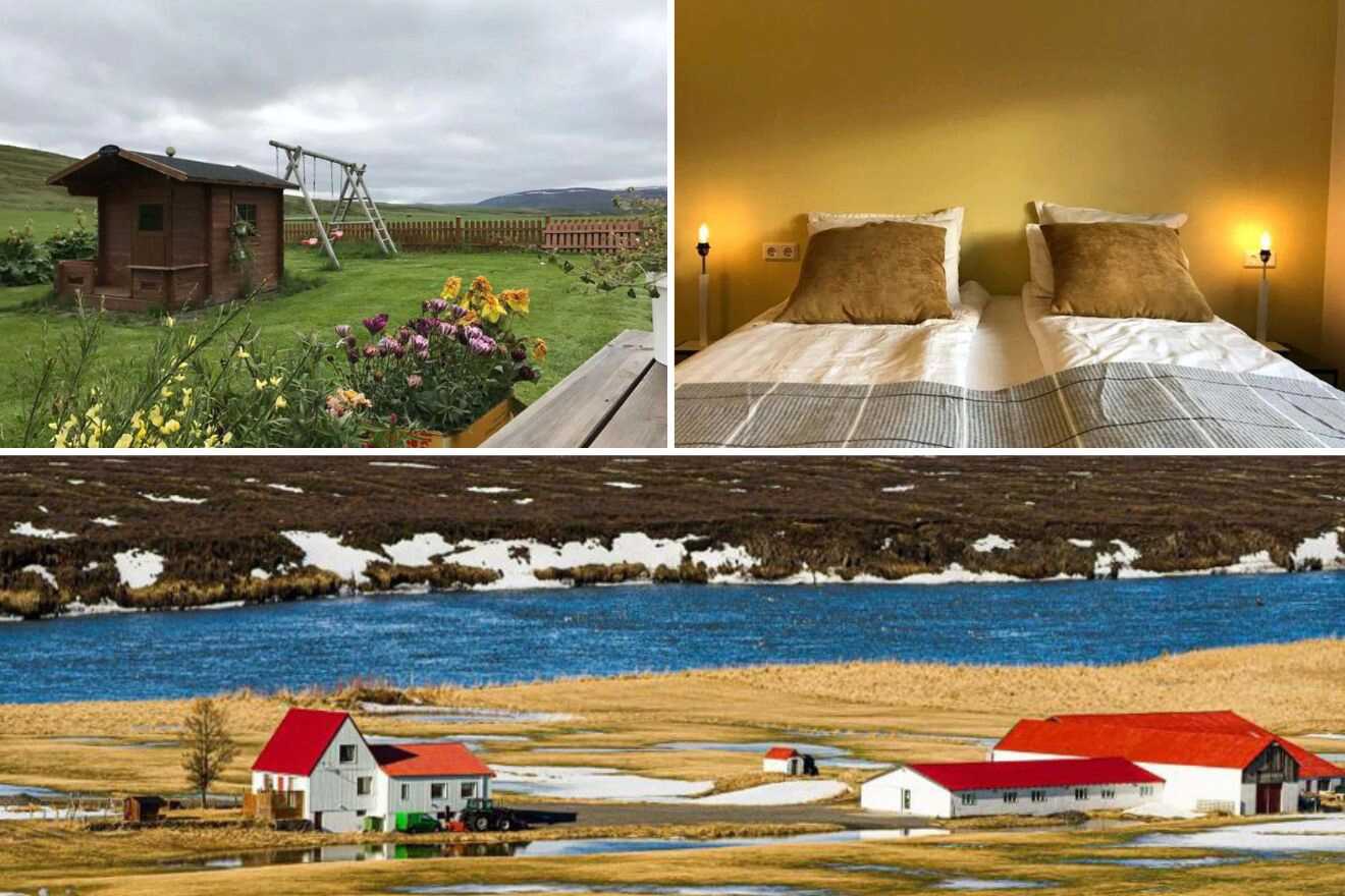 collage with bedroom, garden, and hotel view