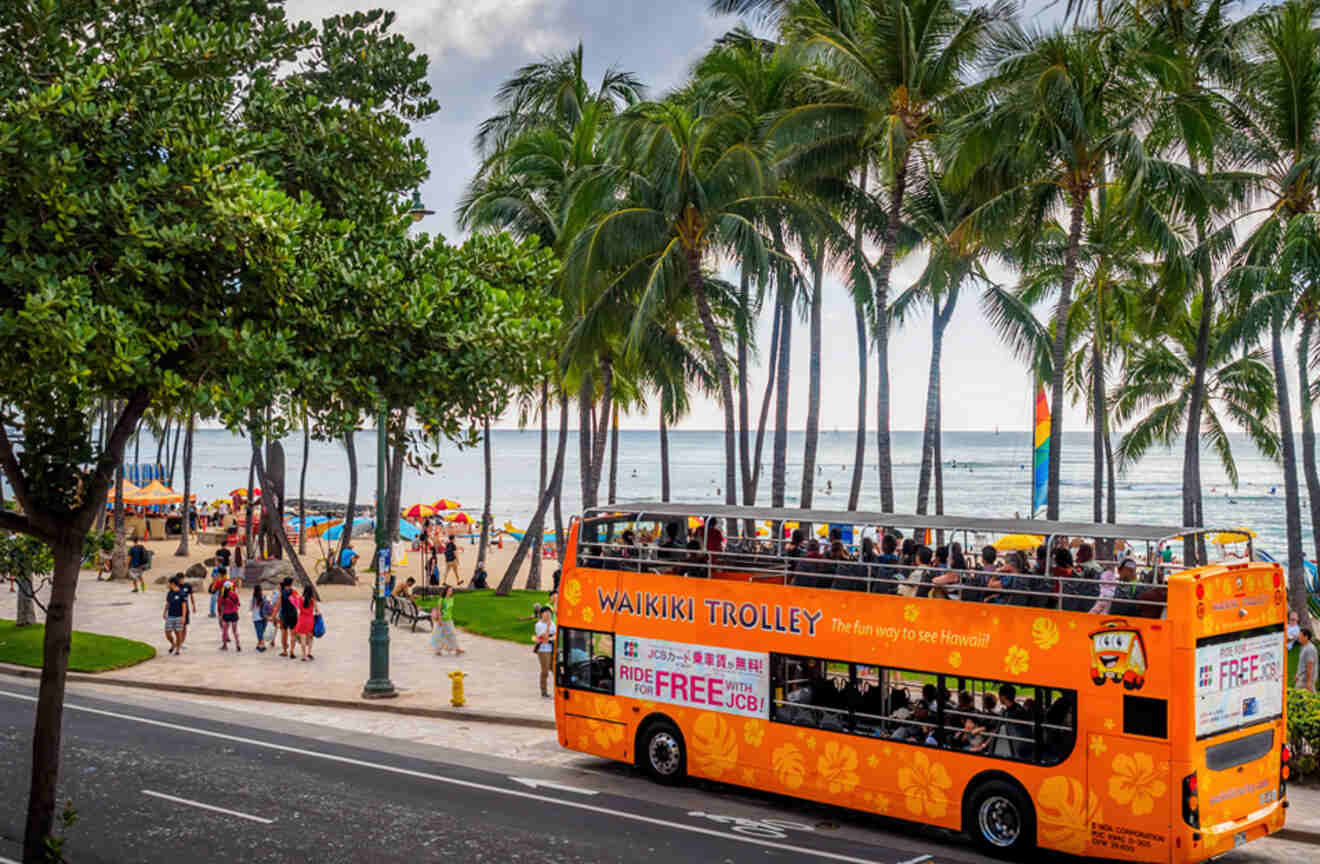 View of the Waikiki hop on hop off trolley