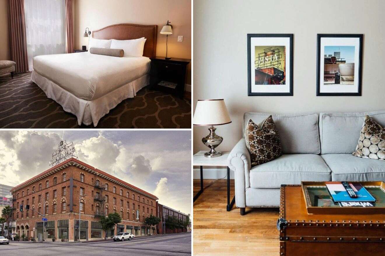 Collage of three hotel pictures: bedroom, hotel exterior, and living room