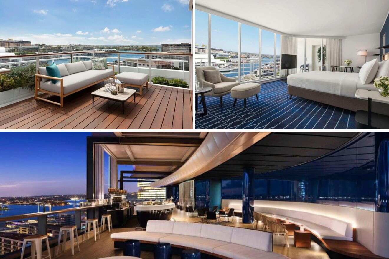 collage with dining space with view over the harbour, bedroom and lounge on the terrace