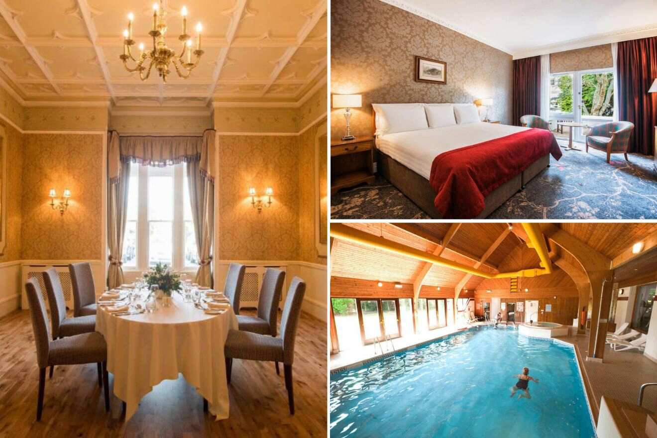 Collage of three hotel pictures: dining room, bedroom, and indoor pool