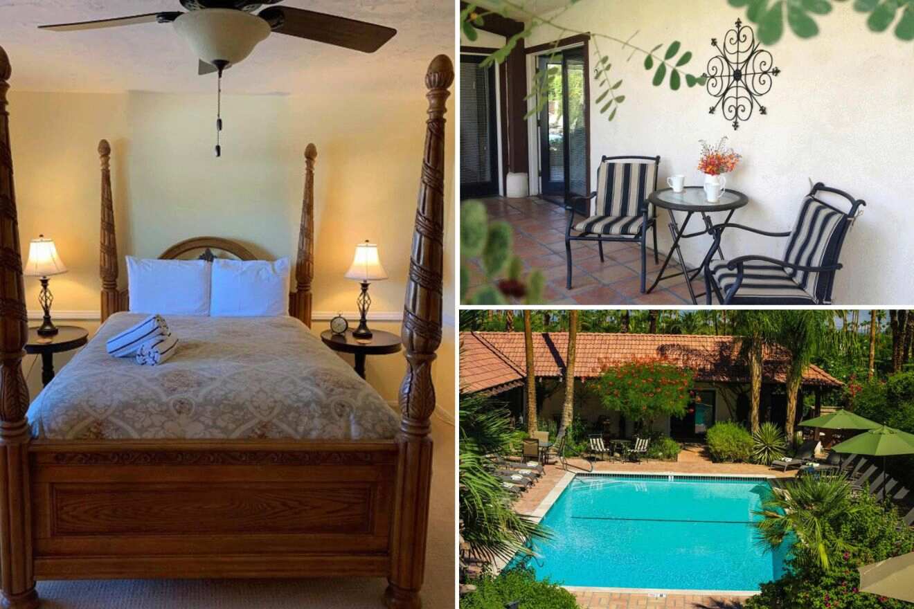 Collage of three hotel pictures: bedroom, outdoor seating area, and outdoor pool