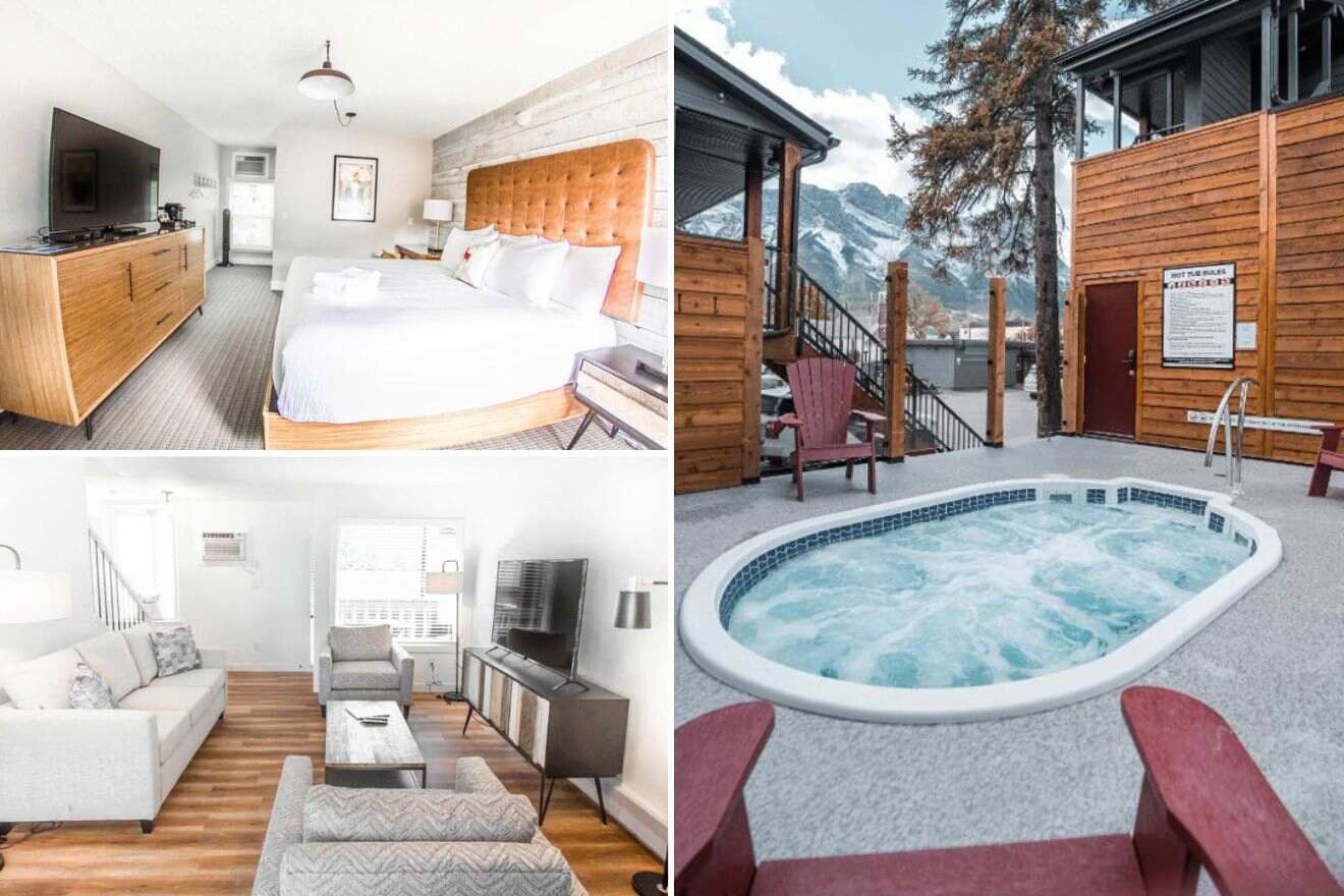 Collage of three hotel pictures: bedroom, living room, and outdoor jacuzzi