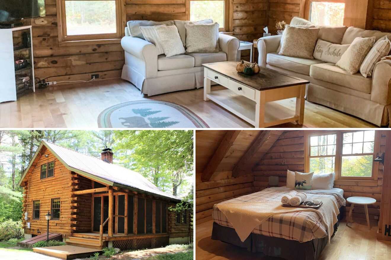 A collage of three cabin photos: living room, cabin exterior, and bedroom
