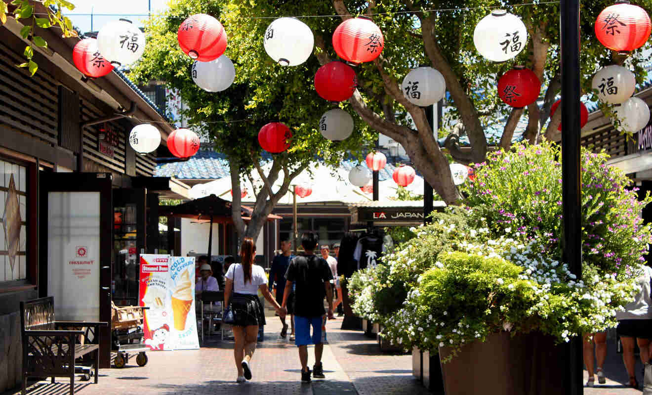 A couple walking in a street in Little Tokyo