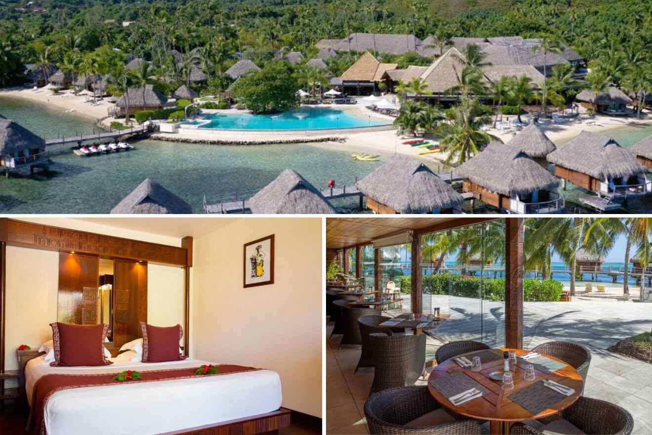 collage with aerial view over the resort, restaurant and bedroom