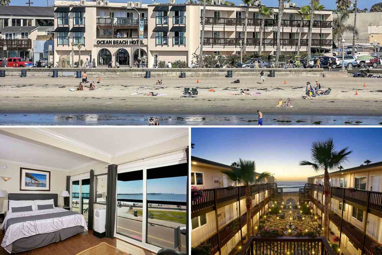 collage with view of the hotel's building from the beach, bedroom and hotel's yard