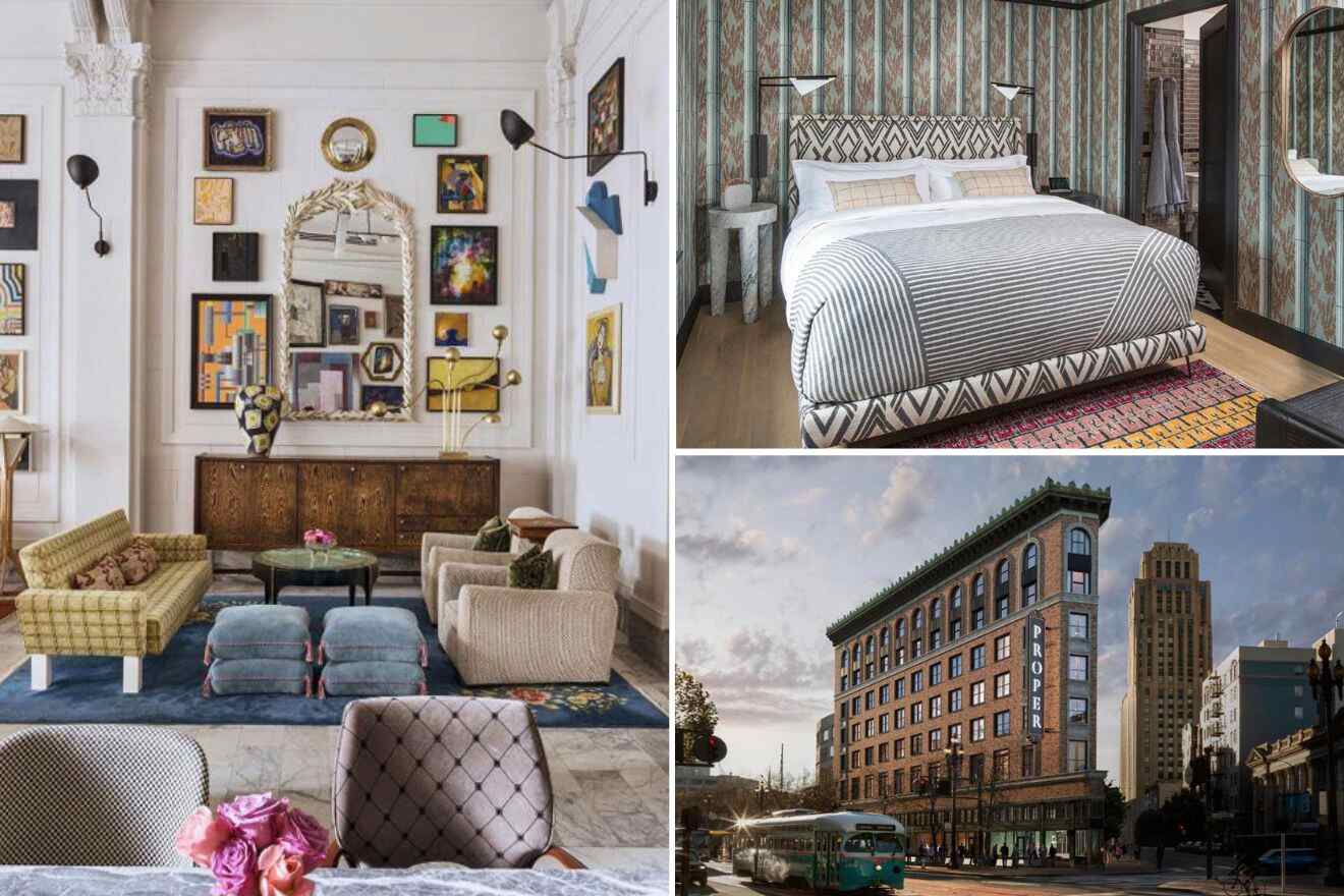 Collage of three hotel pictures: living room, bedroom, and view of hotel exterior