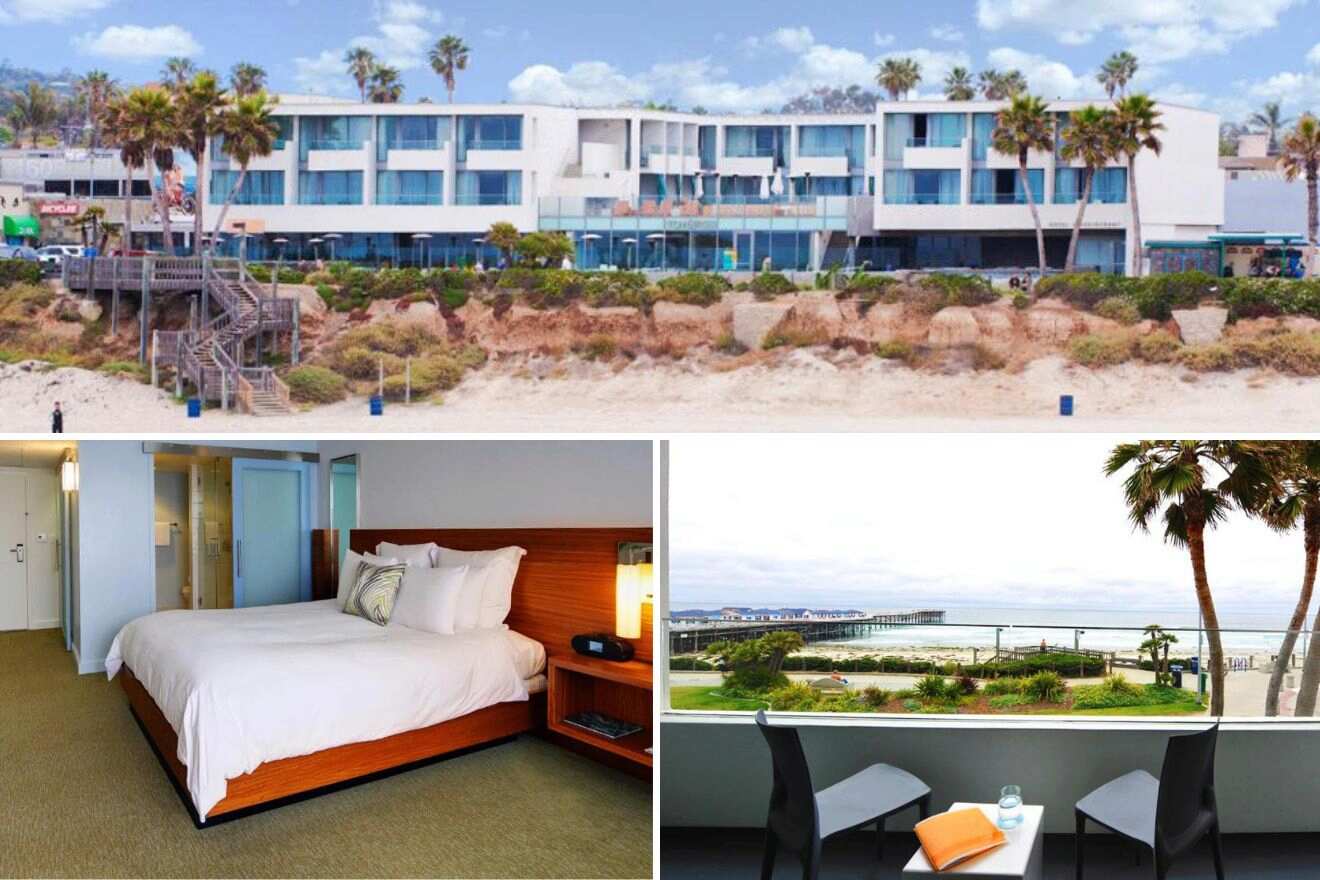 Collage of three hotel pictures: view of hotel exterior, bedroom, and balcony with view