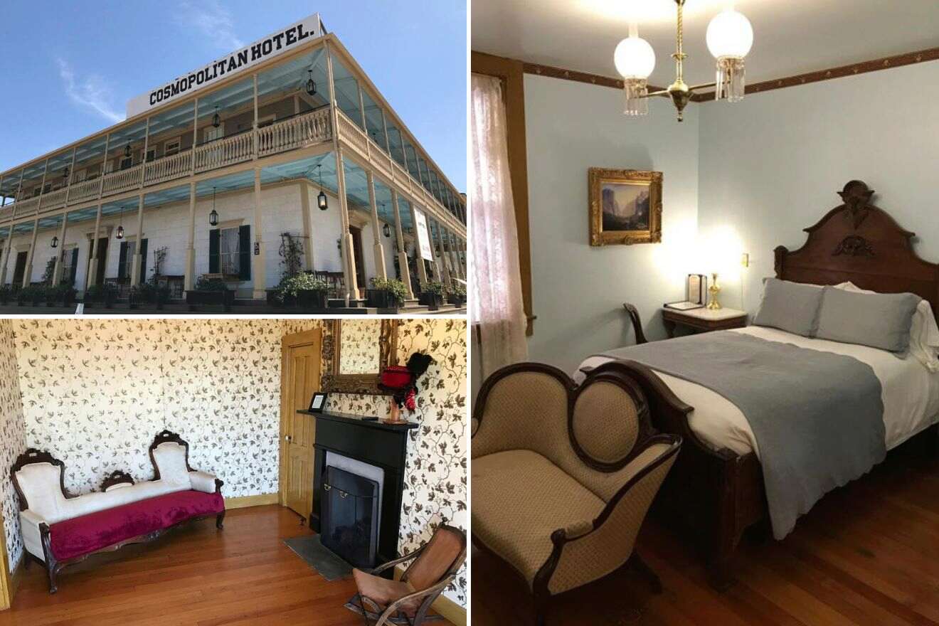 Collage of three hotel pictures: view of hotel exterior, seating area with fireplace, and bedroom