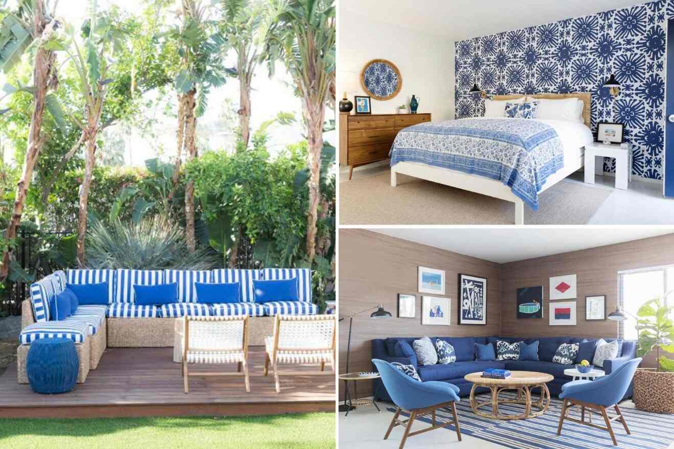 Collage of three hotel pictures: outdoor seating area, bedroom, and living room