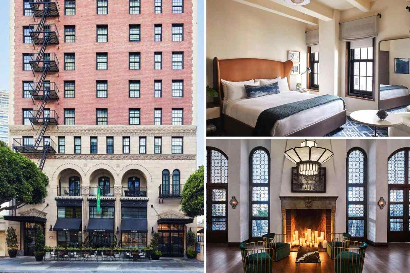 Collage of three hotel pictures: hotel exterior, bedroom, and lounge area with fake fireplace