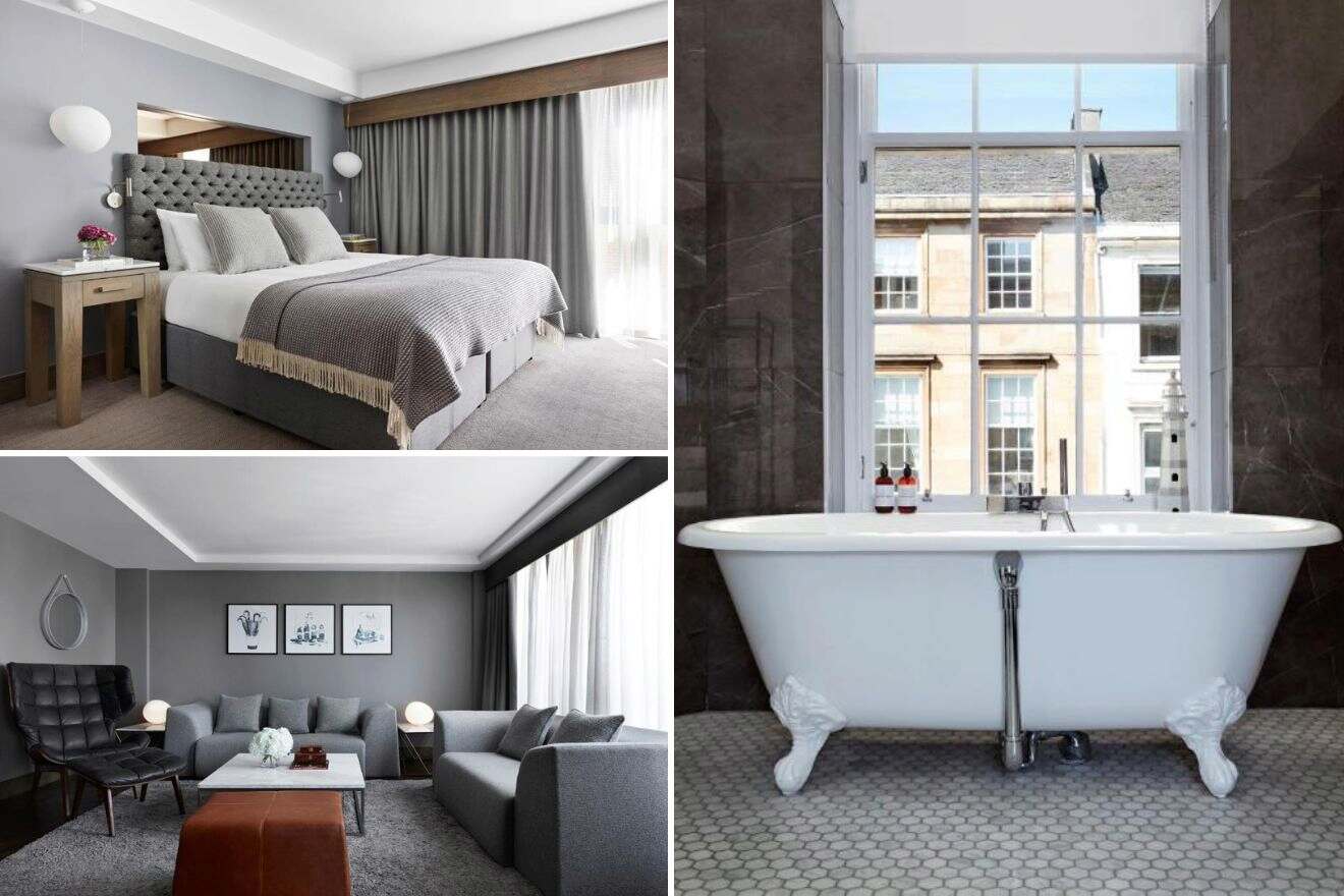 Collage of three hotel pictures: bedroom, living room, and tub
