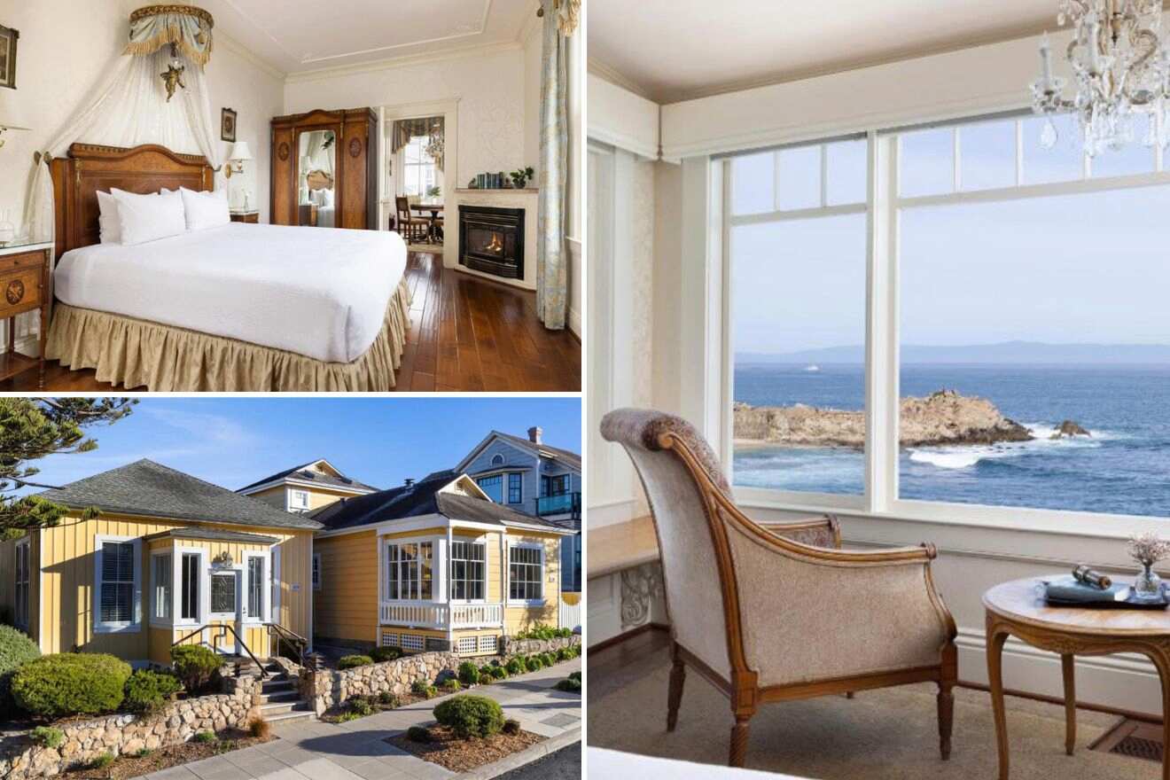 Collage of three hotel pictures: bedroom, view of hotel exterior, and seating next to a window with view