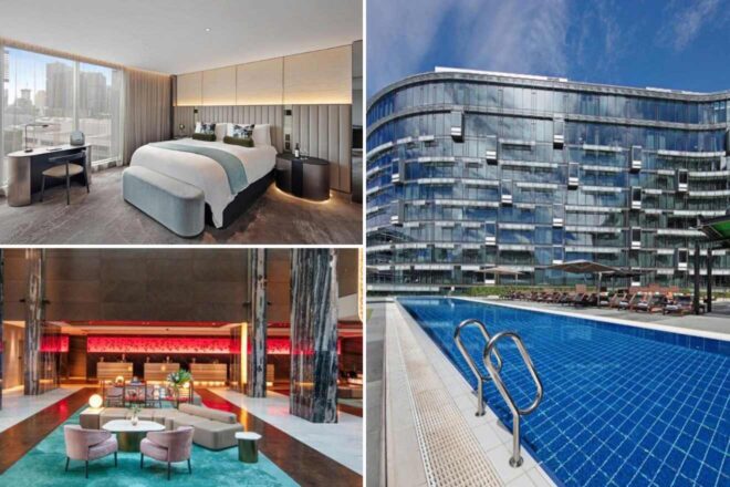Collage of hotel in Sydney: a modern hotel features a spacious bedroom, a sleek exterior, a stylish lobby, and an outdoor swimming pool with blue tiles.