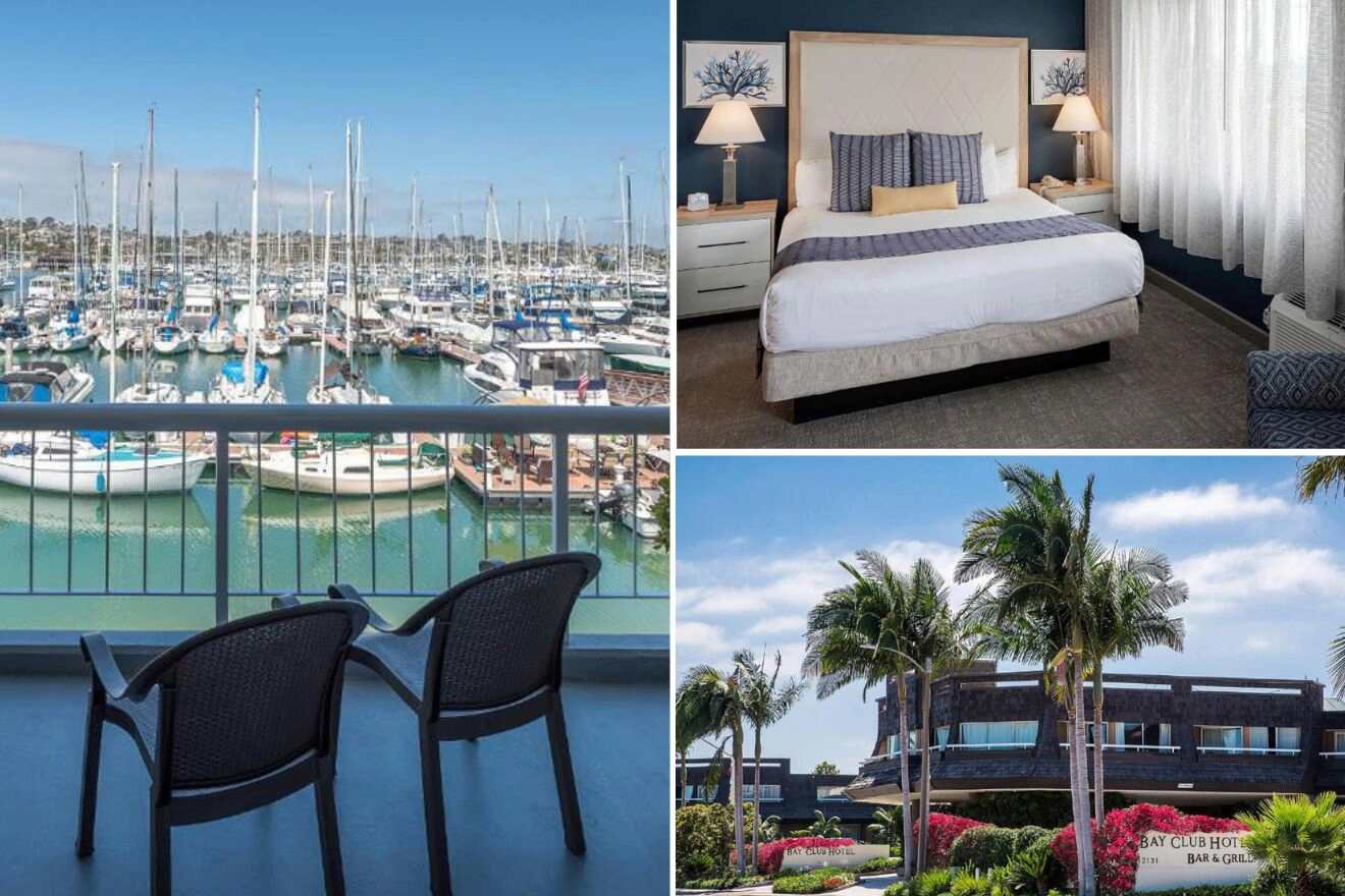 Collage of three hotel pictures: balcony with marina view, bedroom, and hotel exterior