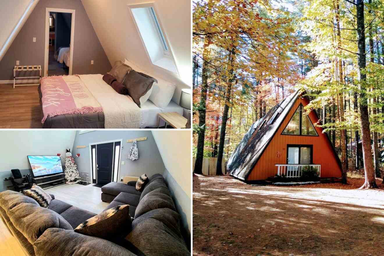 A collage of three cabin photos: bedroom, living room, and cabin exterior