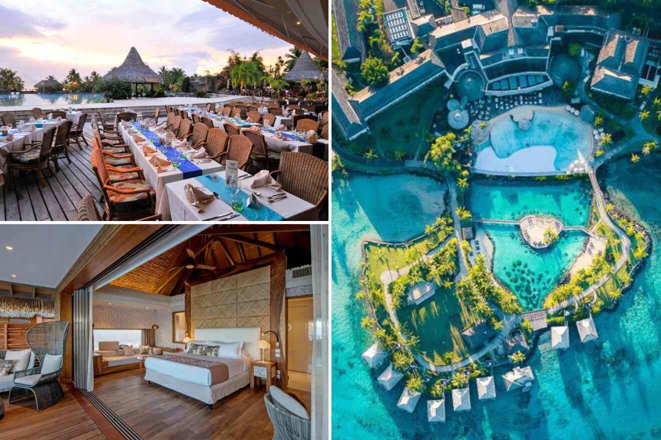 collage with aerial view over the resort, restaurant and bedroom