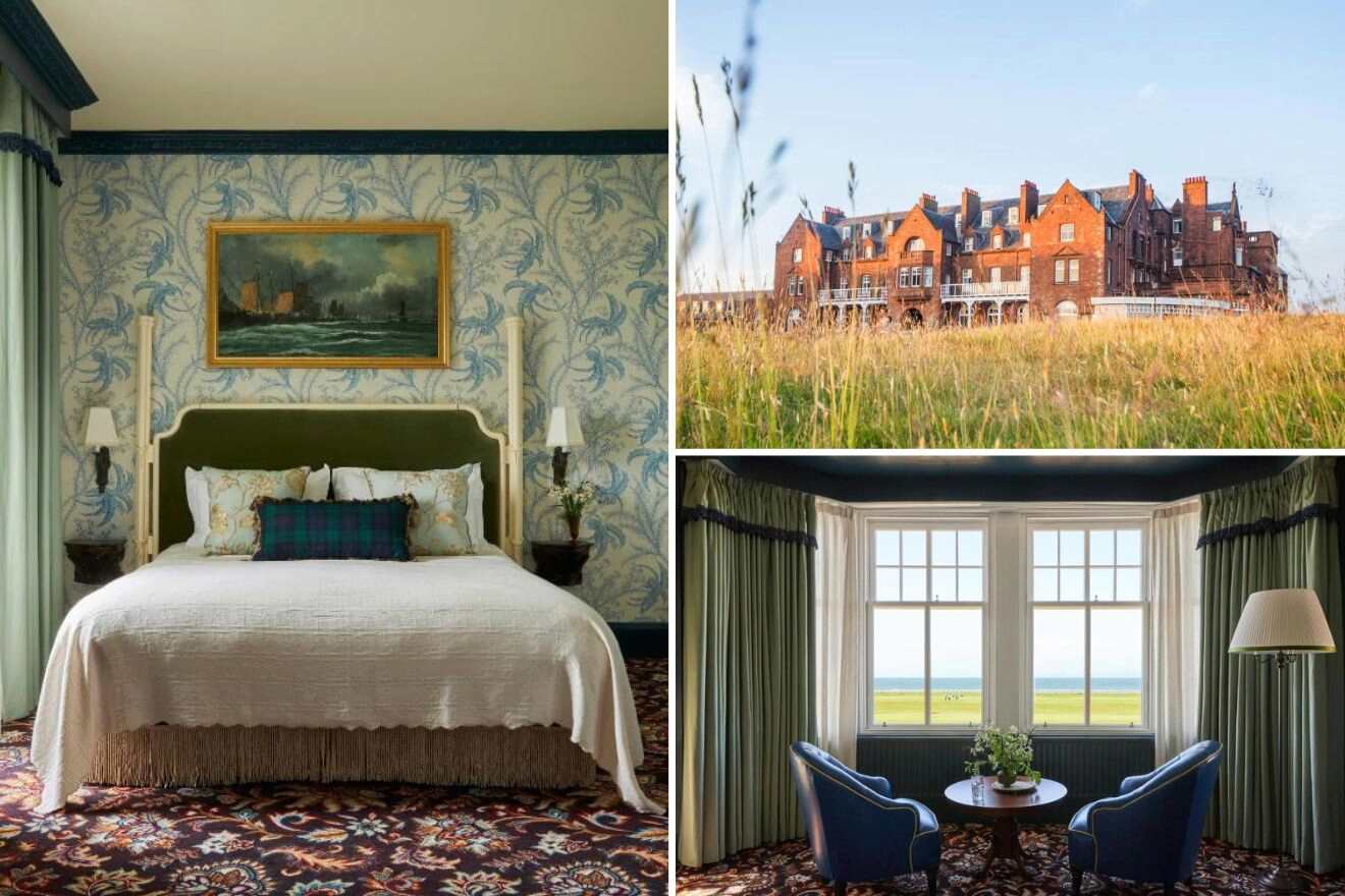 Collage of three hotel pictures: bedroom, view of hotel exterior, and seating area by a window with view